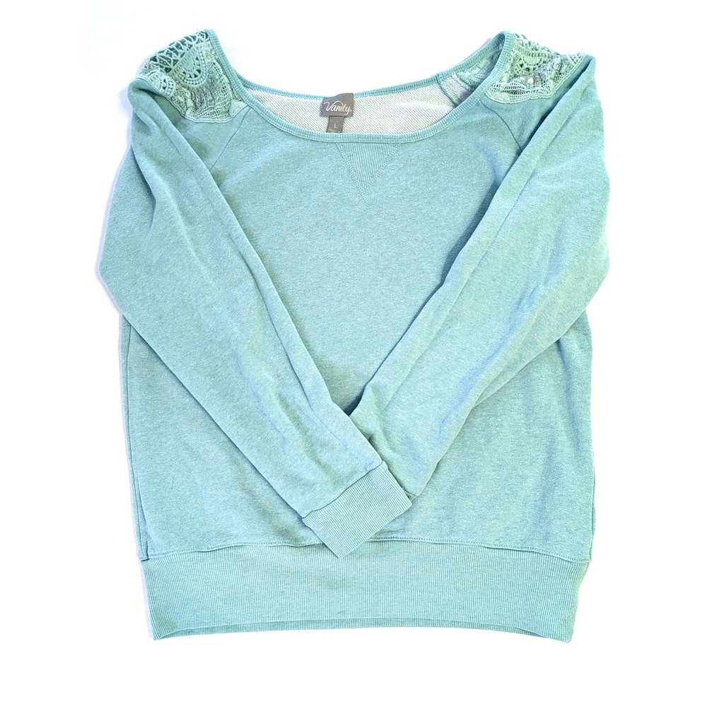 Vanity Mint Green Crochet Lace Sequin Shoulder Sweatshirt Large Raglan Sleeve